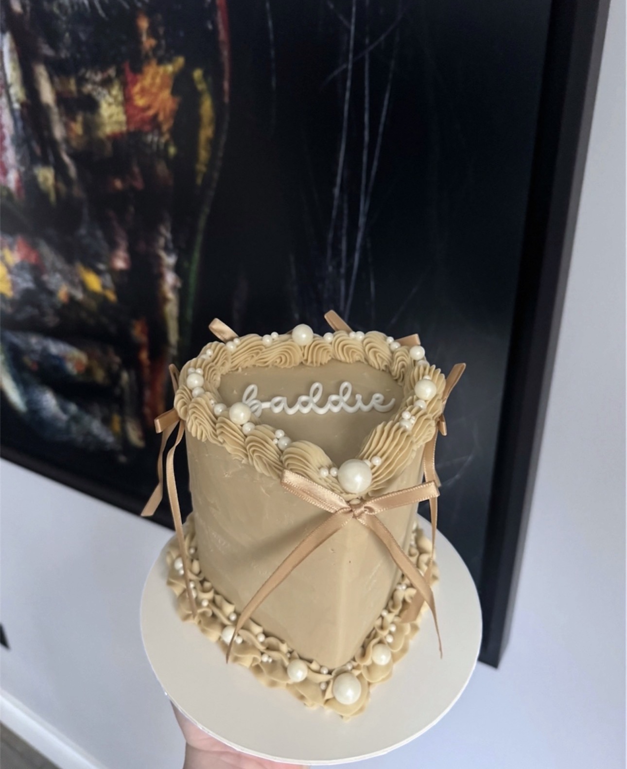 Caramel vintage heart cake with pearls and bows